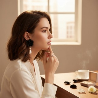 Hoa tai nhựa bông hồng đen, hạt nhựa trắng